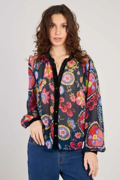 Cheap Blouse imprimée manches longues détails en velours FARAH Les Blouses, Chemisiers & Tops