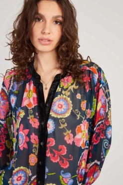 Cheap Blouse imprimée manches longues détails en velours FARAH Les Blouses, Chemisiers & Tops