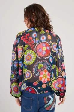 Cheap Blouse imprimée manches longues détails en velours FARAH Les Blouses, Chemisiers & Tops