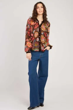 Cheap Blouse imprimée manches longues détails en velours FARAH Les Blouses, Chemisiers & Tops