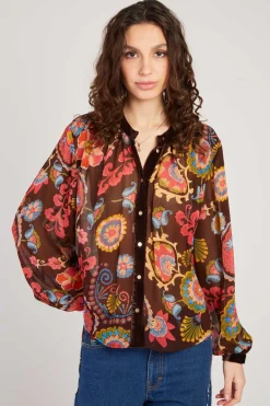 Cheap Blouse imprimée manches longues détails en velours FARAH Les Blouses, Chemisiers & Tops