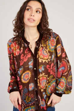 Cheap Blouse imprimée manches longues détails en velours FARAH Les Blouses, Chemisiers & Tops