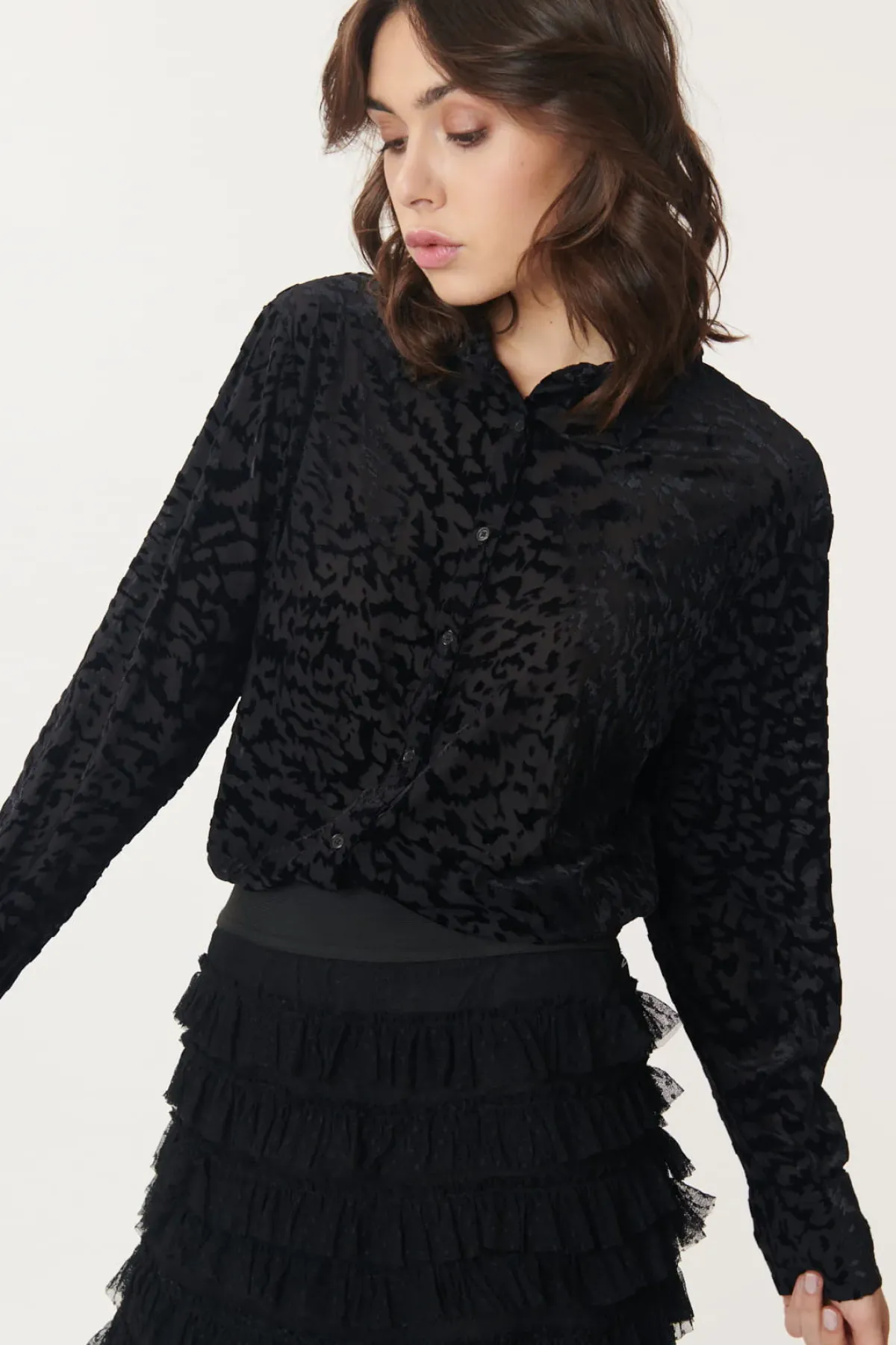 Online Chemise en jersey stretch de velour texturé dévoré MAIWEN Les Blouses, Chemisiers & Tops