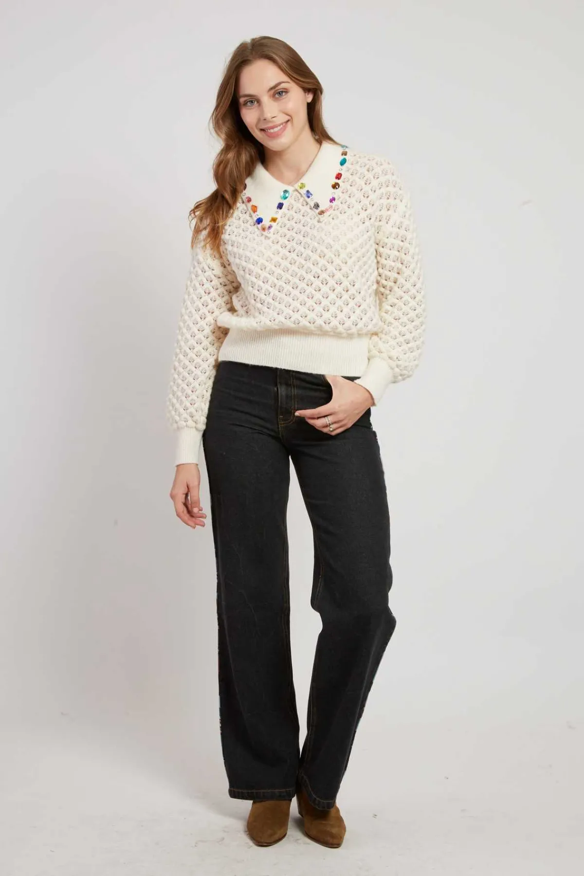 Best Sale Pull en grosse maille ajourée avec strass CALEDONIE Les Gilets, Cardigans & Pulls