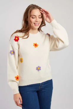 New Pull en maille fine avec fleurs brodées CALENDULA La Maille|Les Gilets, Cardigans & Pulls