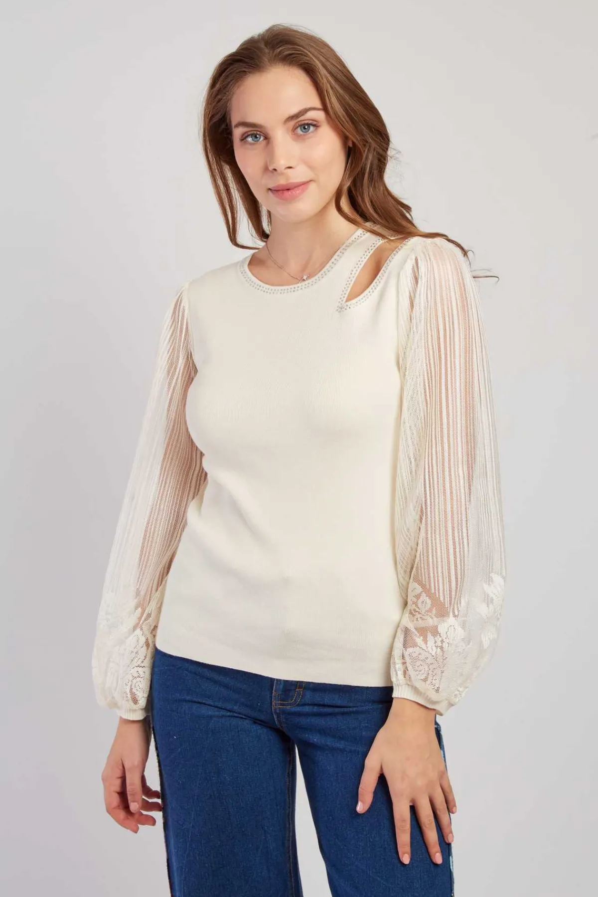 Sale Pull léger avec manches bouffantes transparentes CARACAS Les Gilets, Cardigans & Pulls|Les Blouses, Chemisiers & Tops