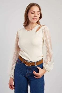 Sale Pull léger avec manches bouffantes transparentes CARACAS Les Gilets, Cardigans & Pulls|Les Blouses, Chemisiers & Tops