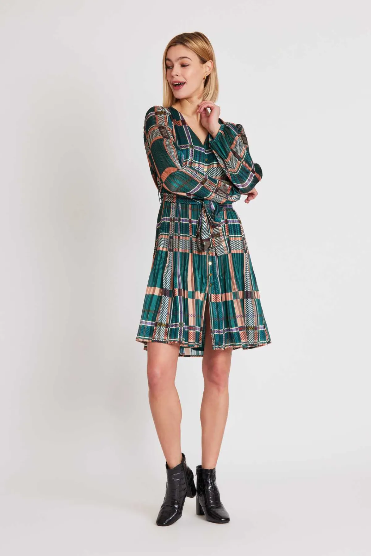 Outlet Robe courte boutonnée plissée SAGESSE Robes Imprimées|Robes Courtes