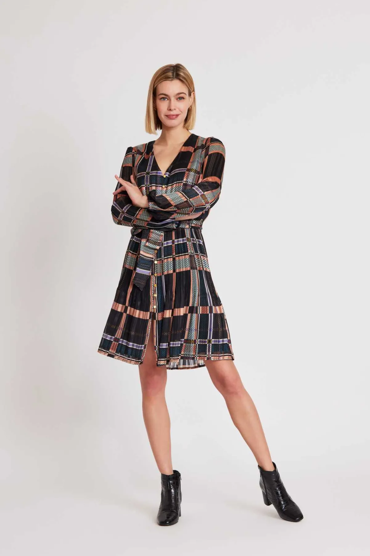 Outlet Robe courte boutonnée plissée SAGESSE Robes Imprimées|Robes Courtes