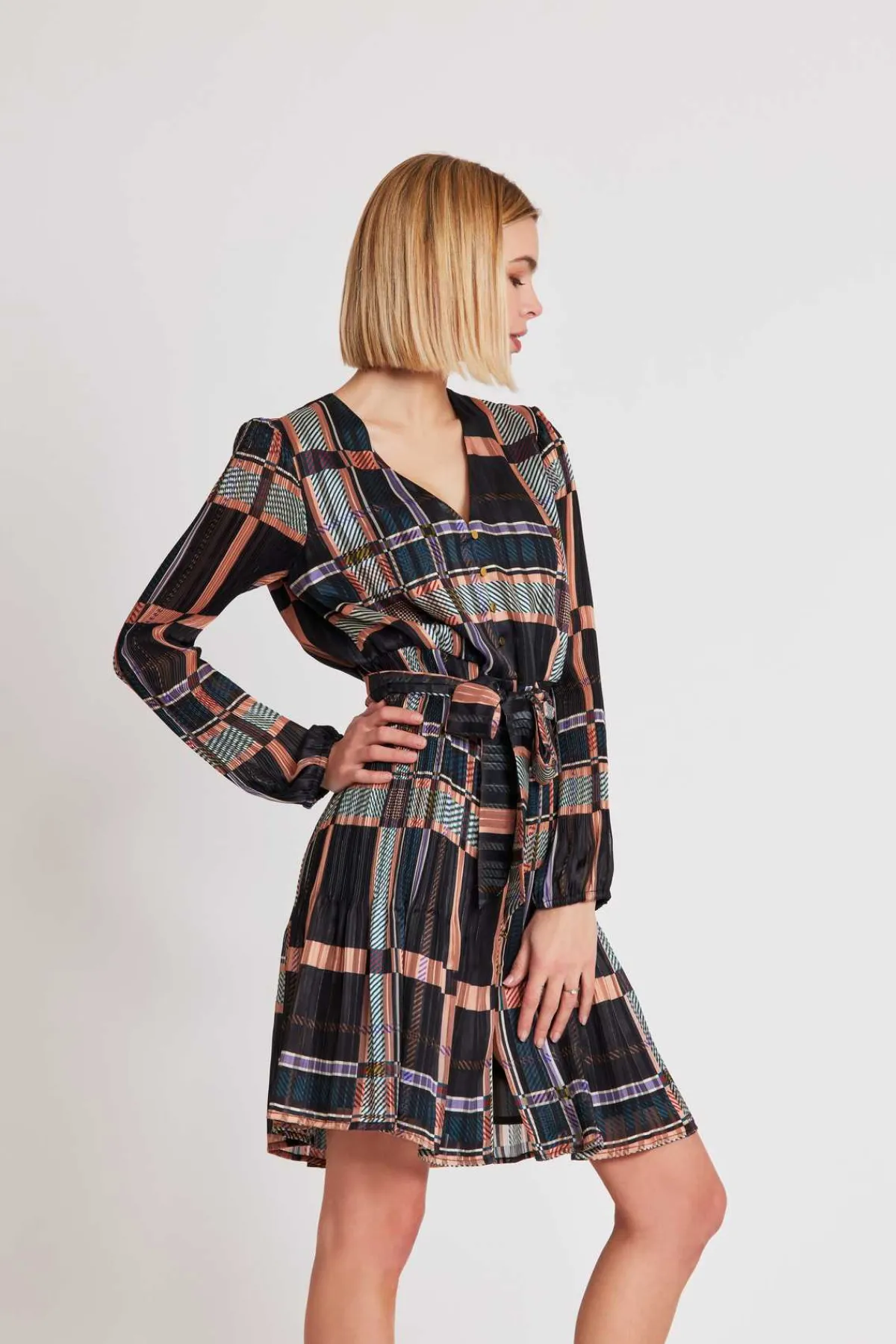 Outlet Robe courte boutonnée plissée SAGESSE Robes Imprimées|Robes Courtes