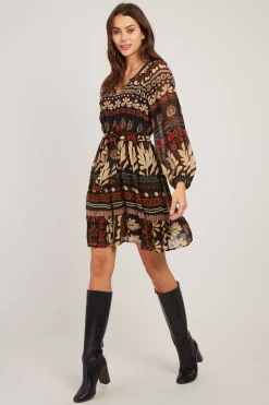 Cheap Robe courte imprimée manches longues BASILIC Robes Imprimées|Robes Courtes