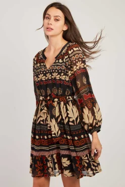 Cheap Robe courte imprimée manches longues BASILIC Robes Imprimées|Robes Courtes