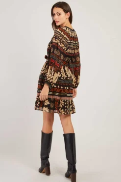 Cheap Robe courte imprimée manches longues BASILIC Robes Imprimées|Robes Courtes