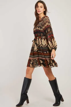 Cheap Robe courte imprimée manches longues BASILIC Robes Imprimées|Robes Courtes