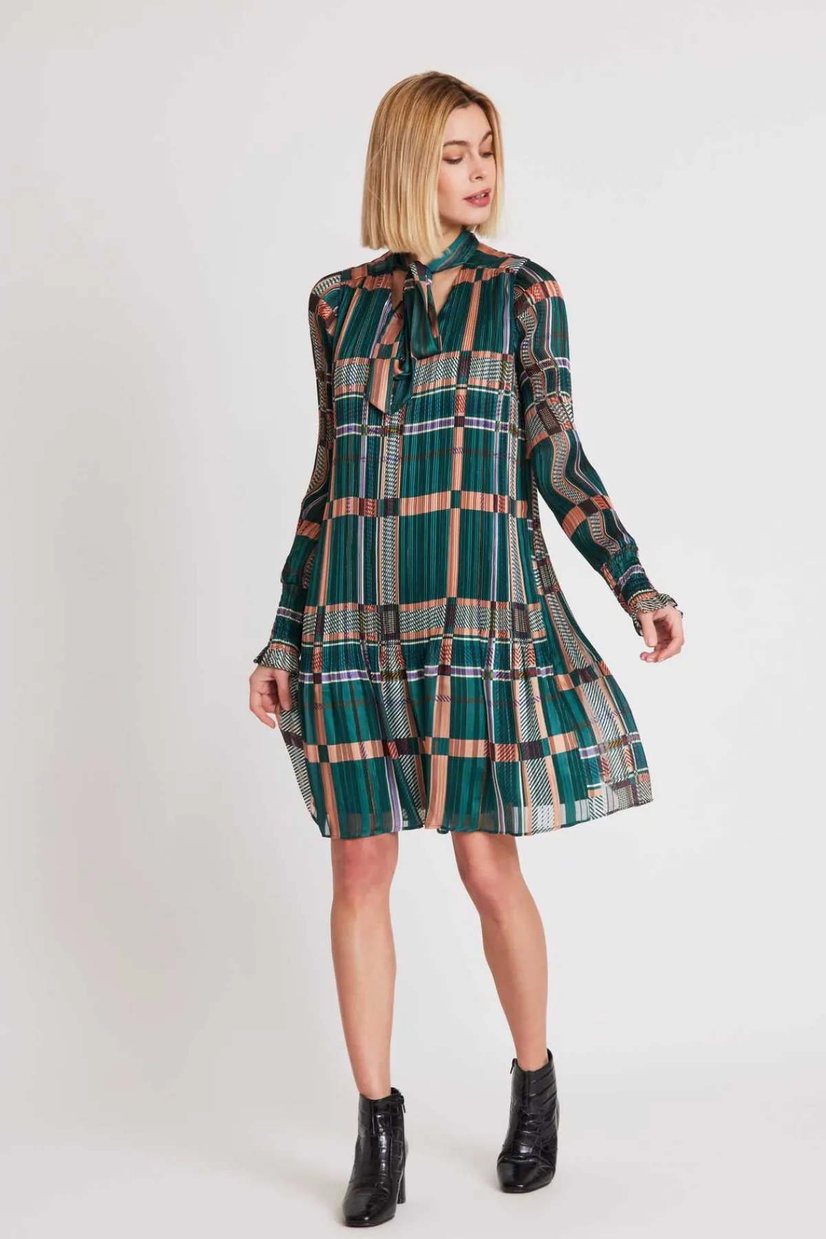 Store Robe courte plissée à carreaux SANTAMONICA Robes Imprimées|Robes Courtes