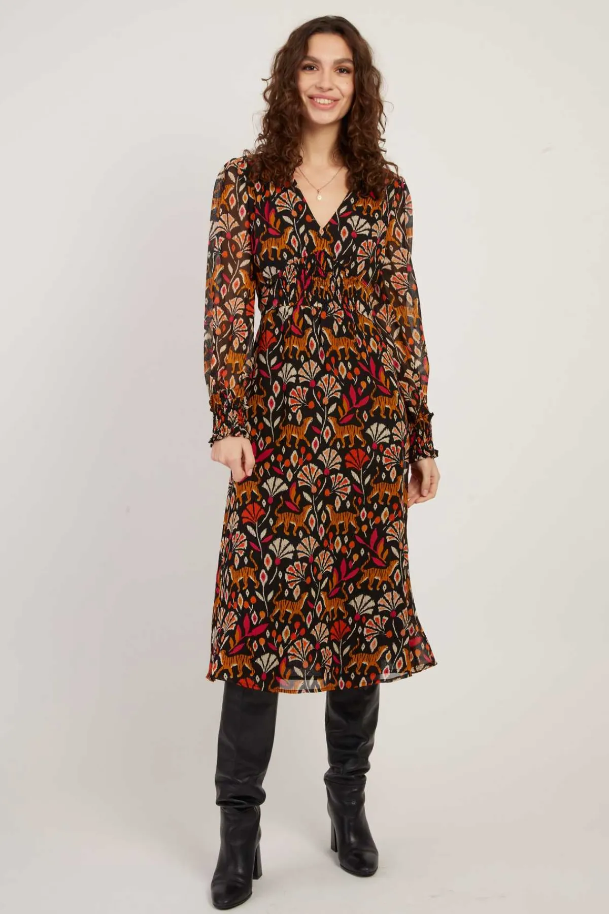 Sale Robe mi-longue en georgette imprimée BEATA Robes Imprimées|Robes Longues