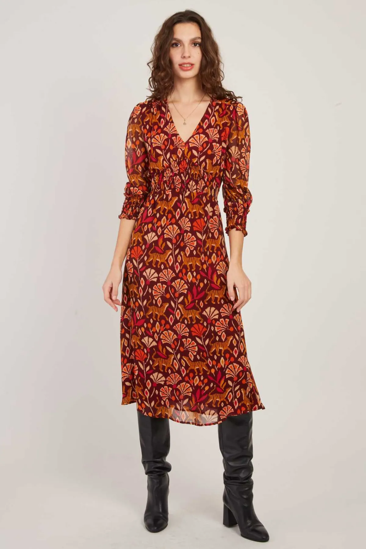 Sale Robe mi-longue en georgette imprimée BEATA Robes Imprimées|Robes Longues