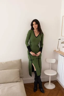 Discount Robe mi-longue en maille bicolore col V JOSIE La Maille|Robes Longues