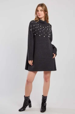 Clearance Robe pull col roulé unie avec perles JORIS La Maille|Robes Courtes