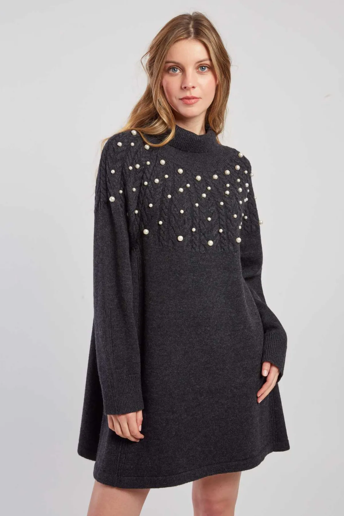 Clearance Robe pull col roulé unie avec perles JORIS La Maille|Robes Courtes