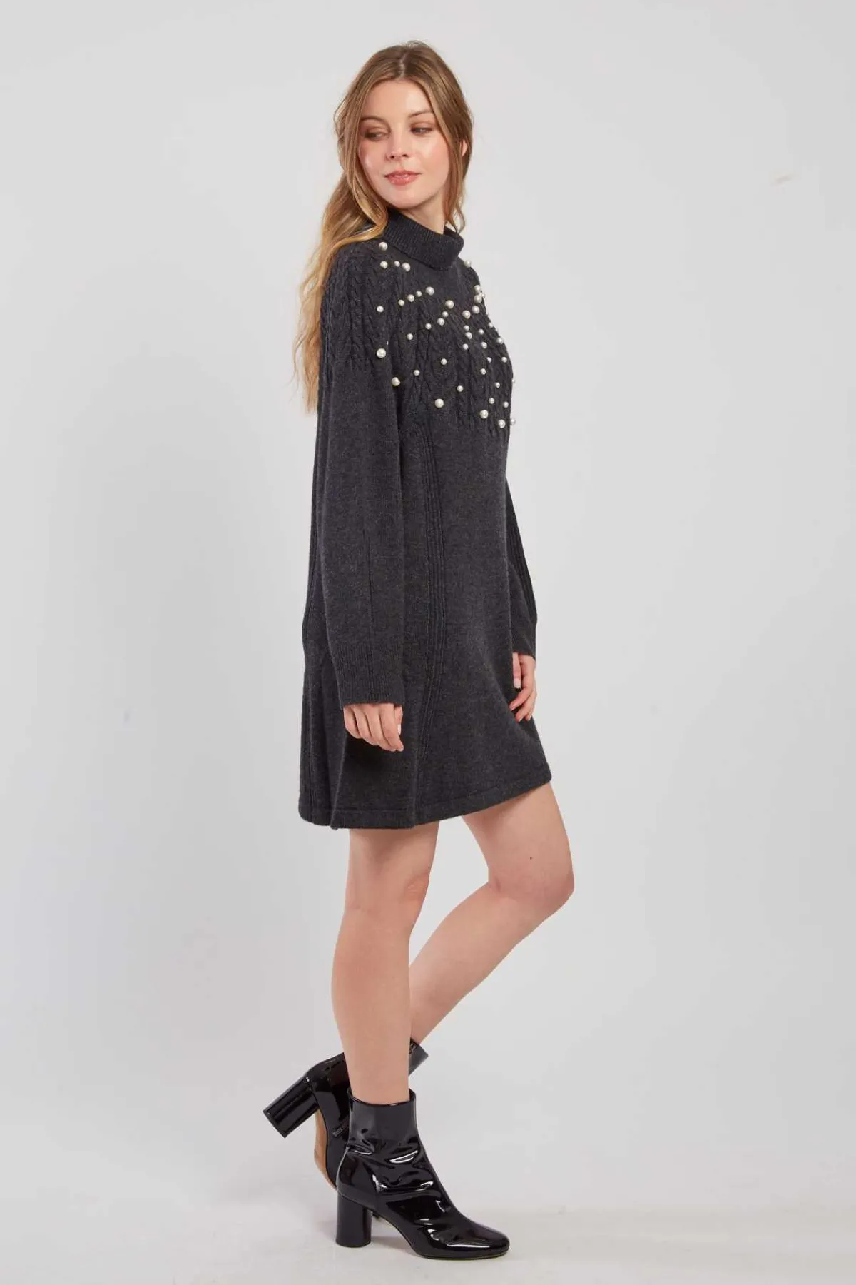 Clearance Robe pull col roulé unie avec perles JORIS La Maille|Robes Courtes