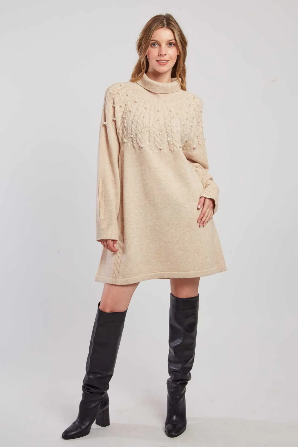 Clearance Robe pull col roulé unie avec perles JORIS La Maille|Robes Courtes