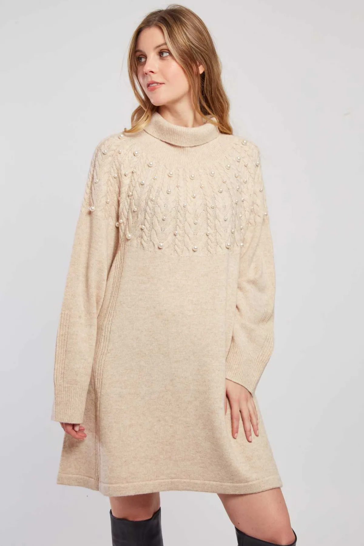 Clearance Robe pull col roulé unie avec perles JORIS La Maille|Robes Courtes