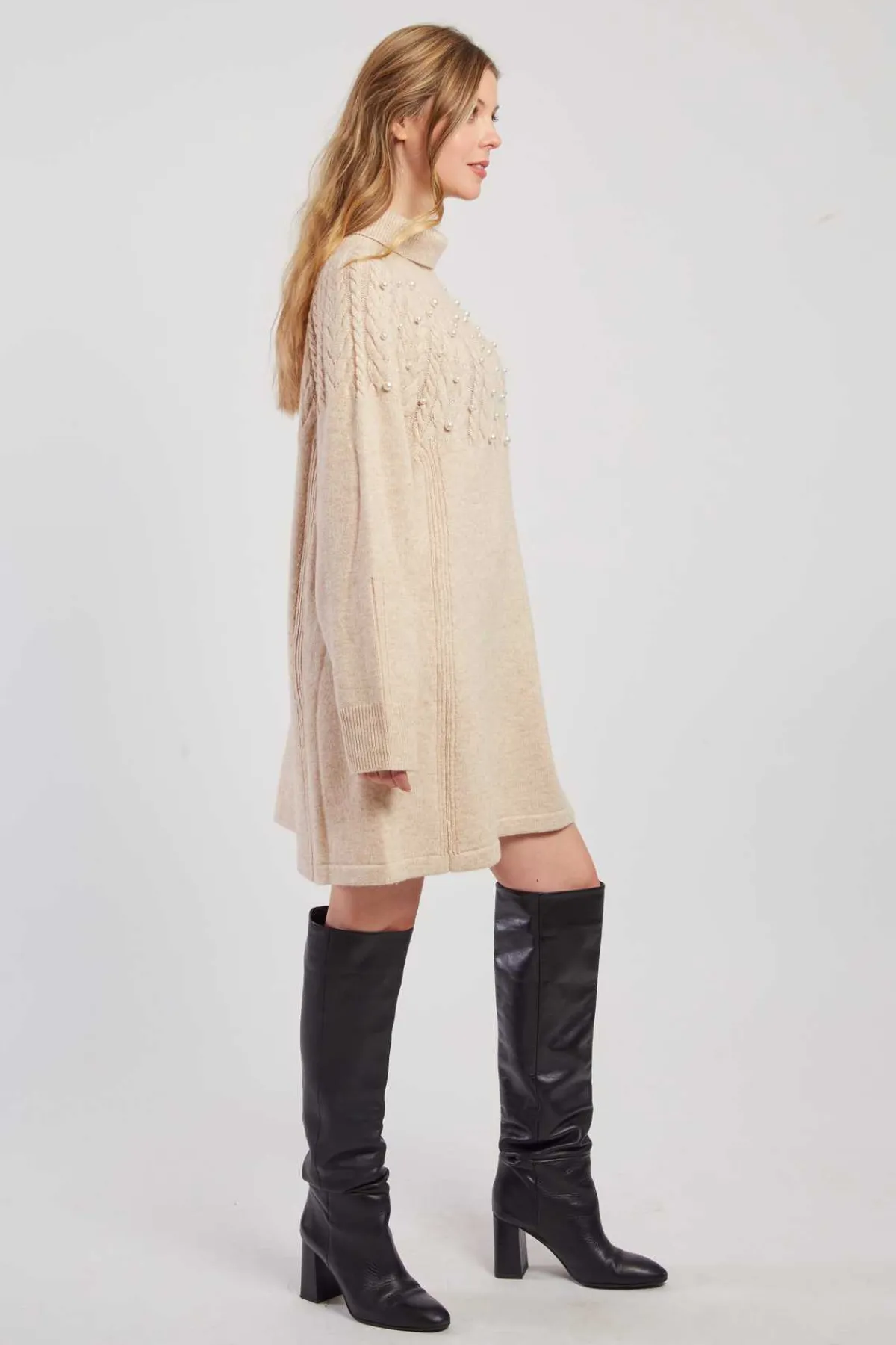 Clearance Robe pull col roulé unie avec perles JORIS La Maille|Robes Courtes