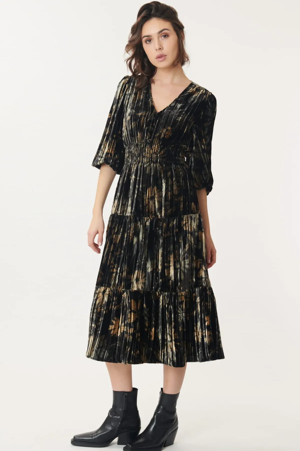 Clearance Robe Velours Imprimé Plissé ACELIA Robes Imprimées